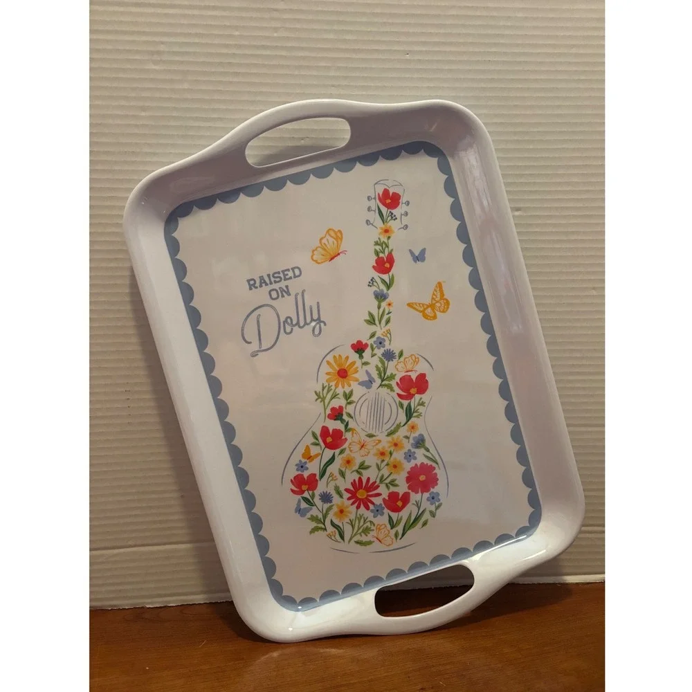 Dolly Parton Raised on Dolly Melamine Serving Tray Floral Guitar White 17.5in